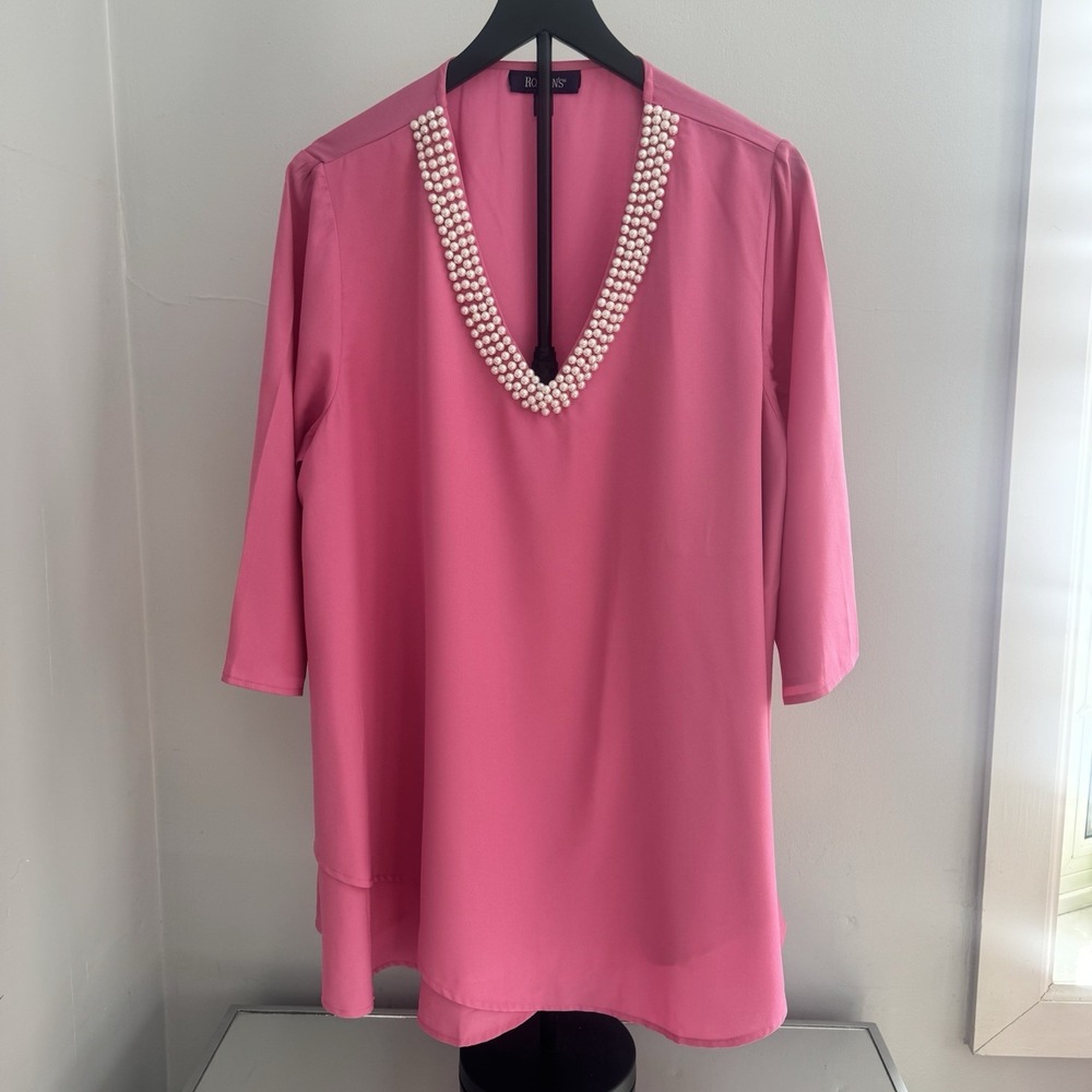 Roaman's 18W Pink Pearl Beaded V-Neck Tunic Blouse 3/4 Sleeve Plus Dressy‎ Top